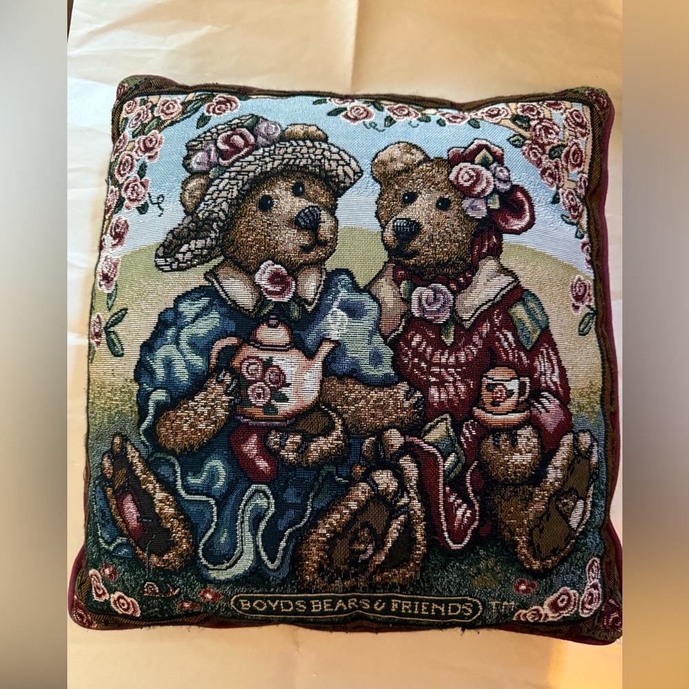 Boyd's Bear Throw Pillow "Tea Time" 15" x 17" Blue/Burgundy